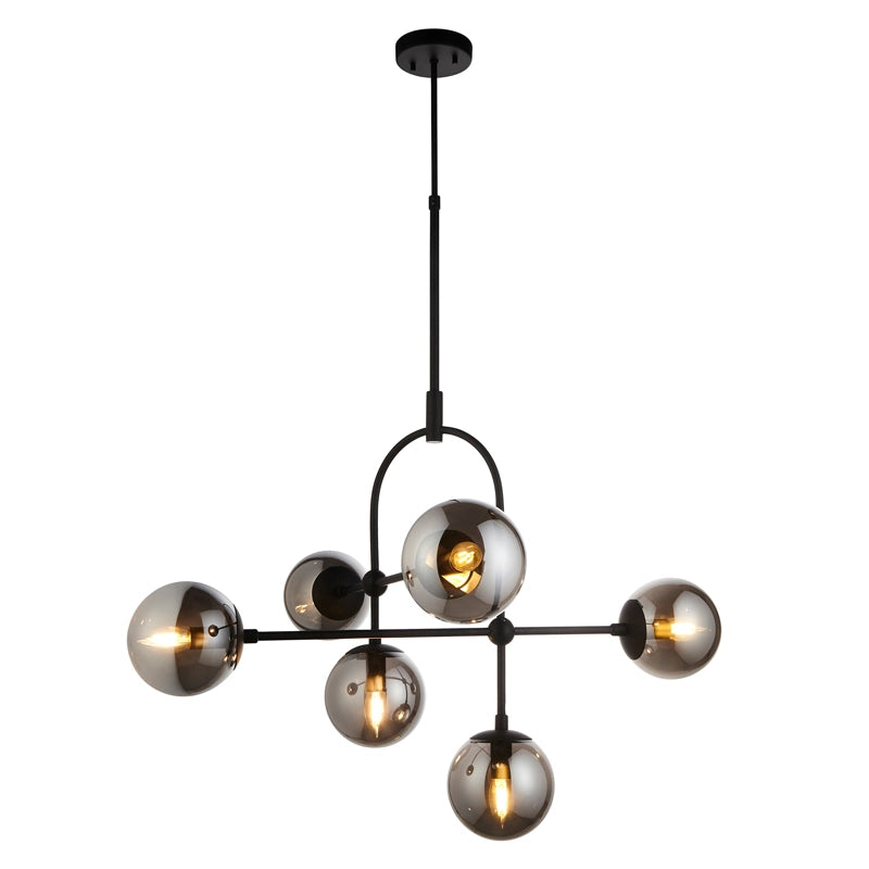 LUXIA 6-SPHERE CEILING PENDENT - MATT BLACK / SMOKED GREY